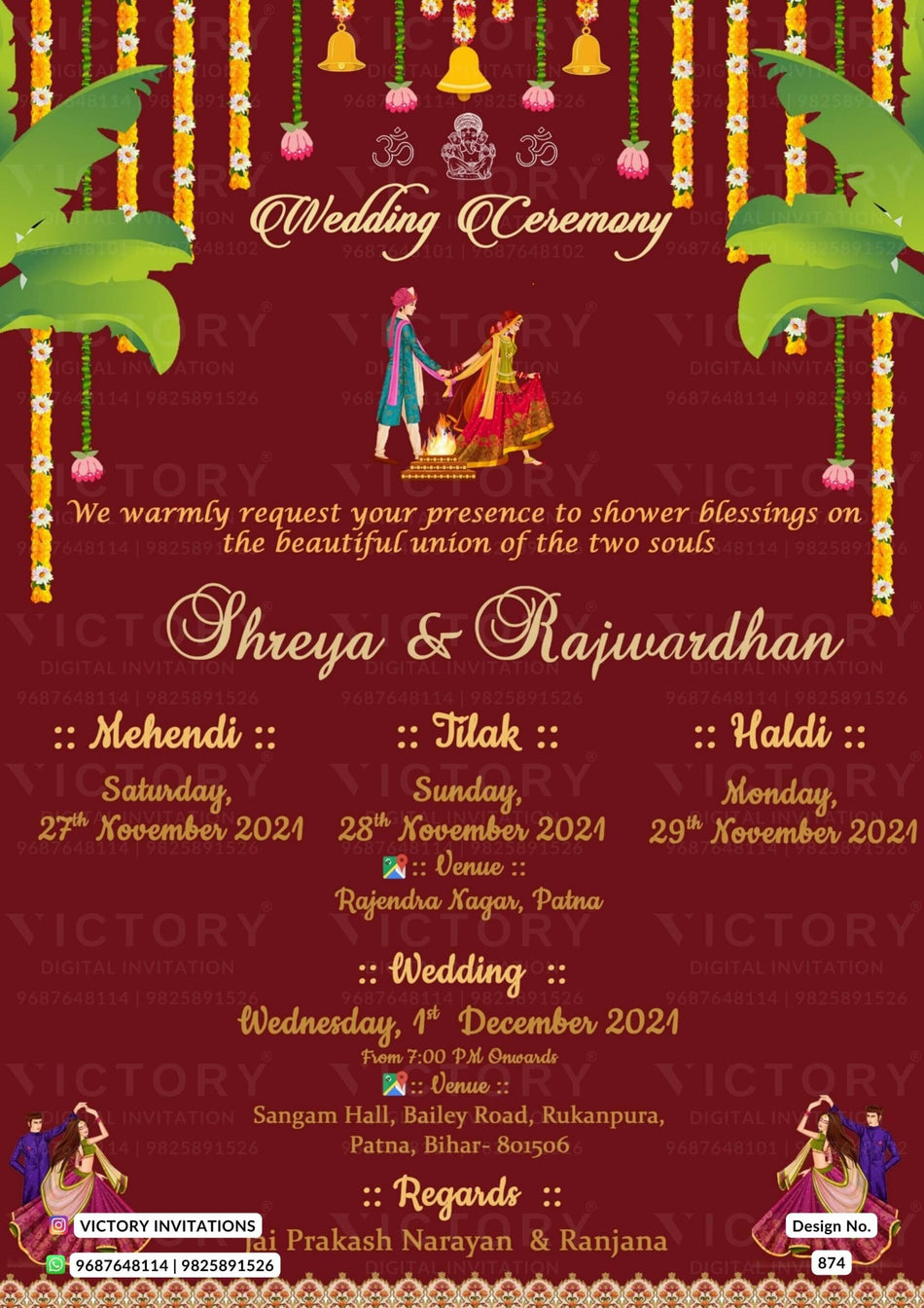 Wedding ceremony invitation card of hindu Bihari family in english language with Minimalistic theme design 874