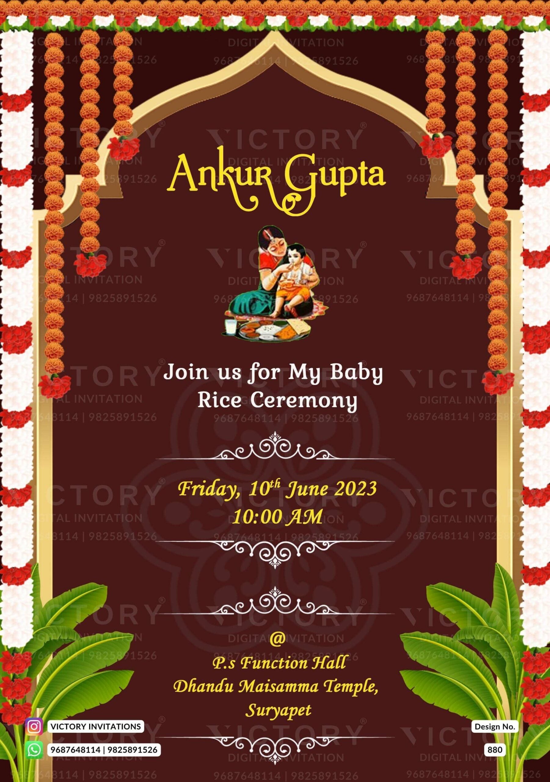Annaprashan ceremony invitation card in english language with arch, leaves as traditional theme design 880