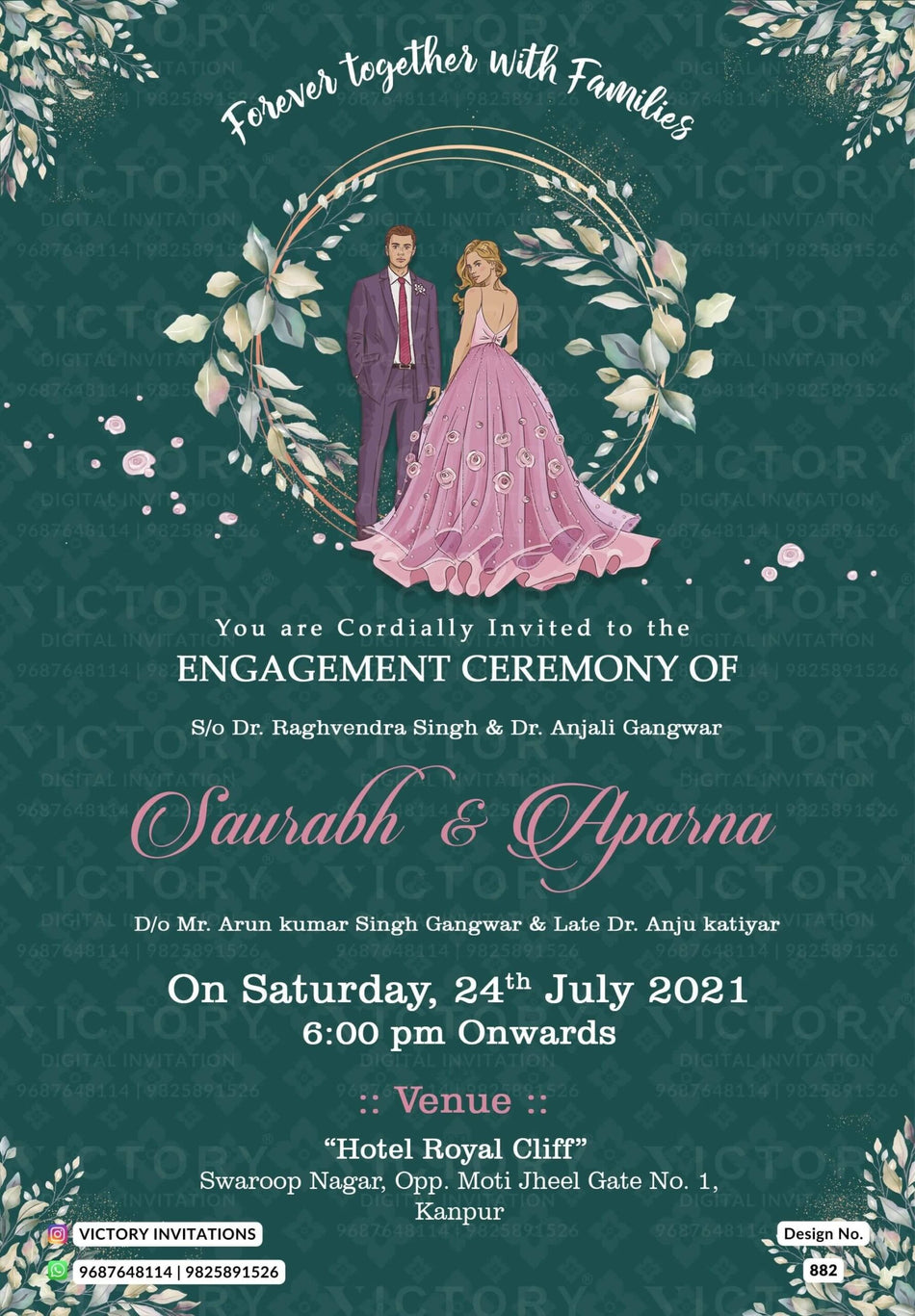 Engagement ceremony invitation card in english language with round frame as artistic leaves theme design 882