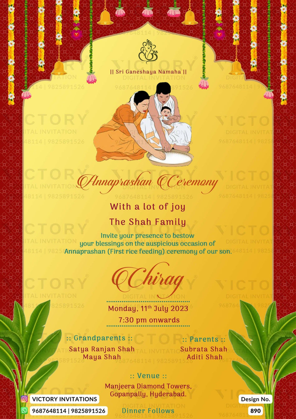 Annaprashan ceremony invitation card in english language with banana leaves, rice feeding doodle as arch frame theme design 890