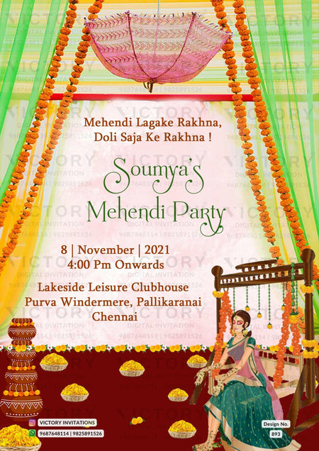 Mehendi invitation card in english language with umbrella, curtain, flowers as traditional theme design 893