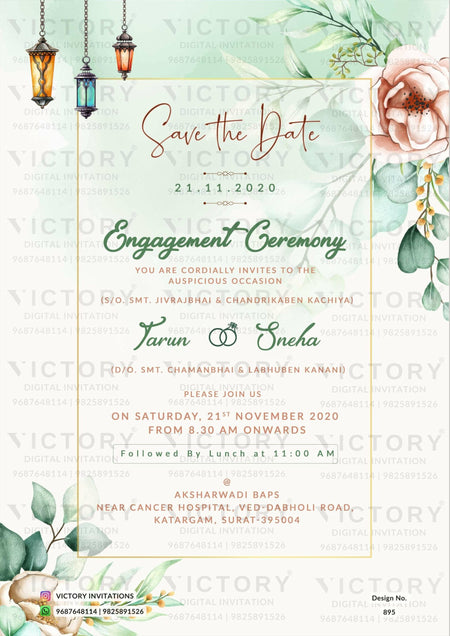 Engagement ceremony invitation card in english language with lantern, couple photo, flowers as leaves theme design 454