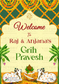 House Warming Welcome Standee design in english language with pichwai cow, kalash, flowers as traditional theme design 895