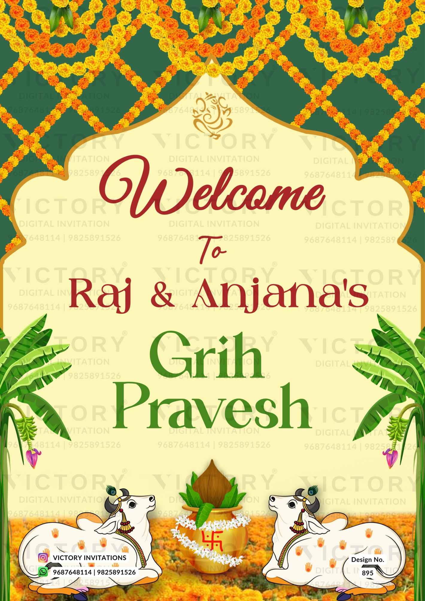 House Warming Welcome Standee design in english language with pichwai cow, kalash, flowers as traditional theme design 895