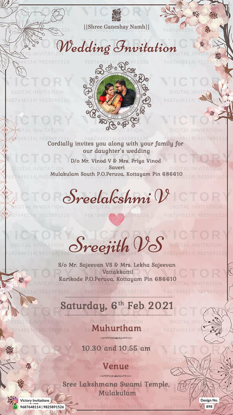 Wedding ceremony invitation card of hindu south indian malayali family in english language with floral theme design 898