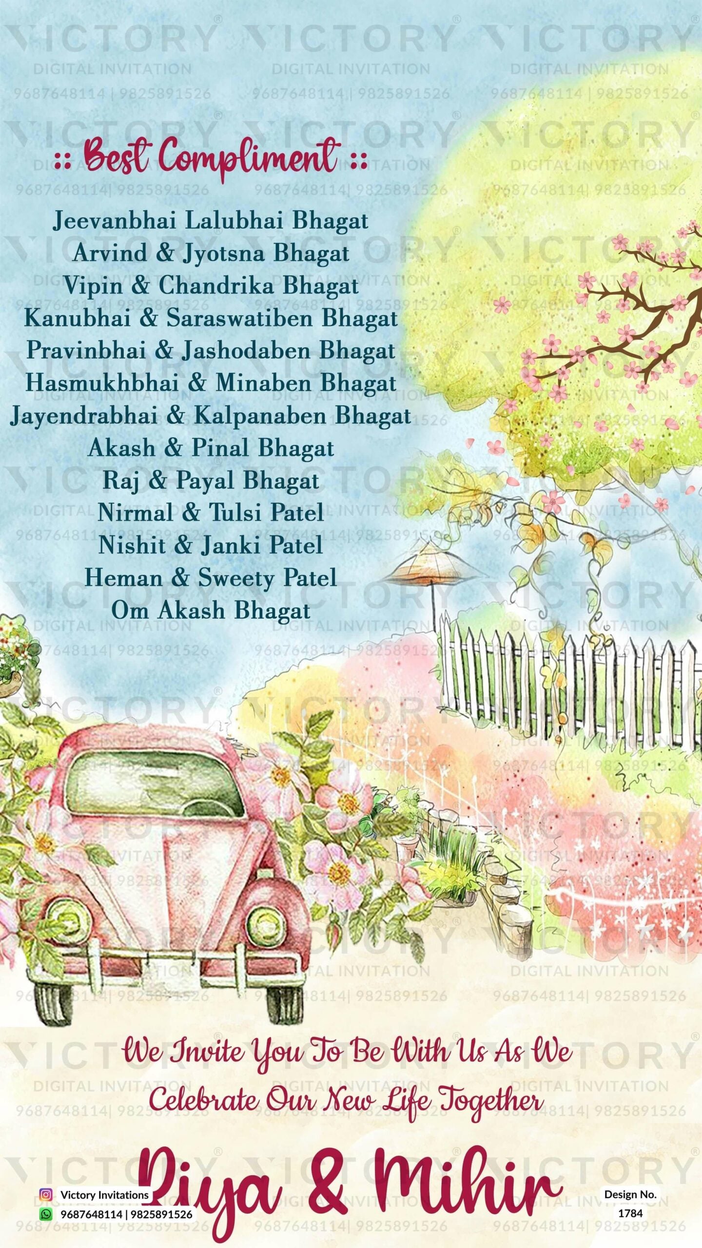 Water-colored Blue and Green Classic Whimsical Garden Theme Indian Wedding E-invitations with Festive Bride and Groom Caricature Illustrations,