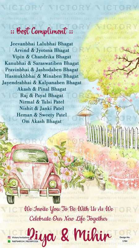 Water-colored Blue and Green Classic Whimsical Garden Theme Indian Wedding E-invitations with Festive Bride and Groom Caricature Illustrations,