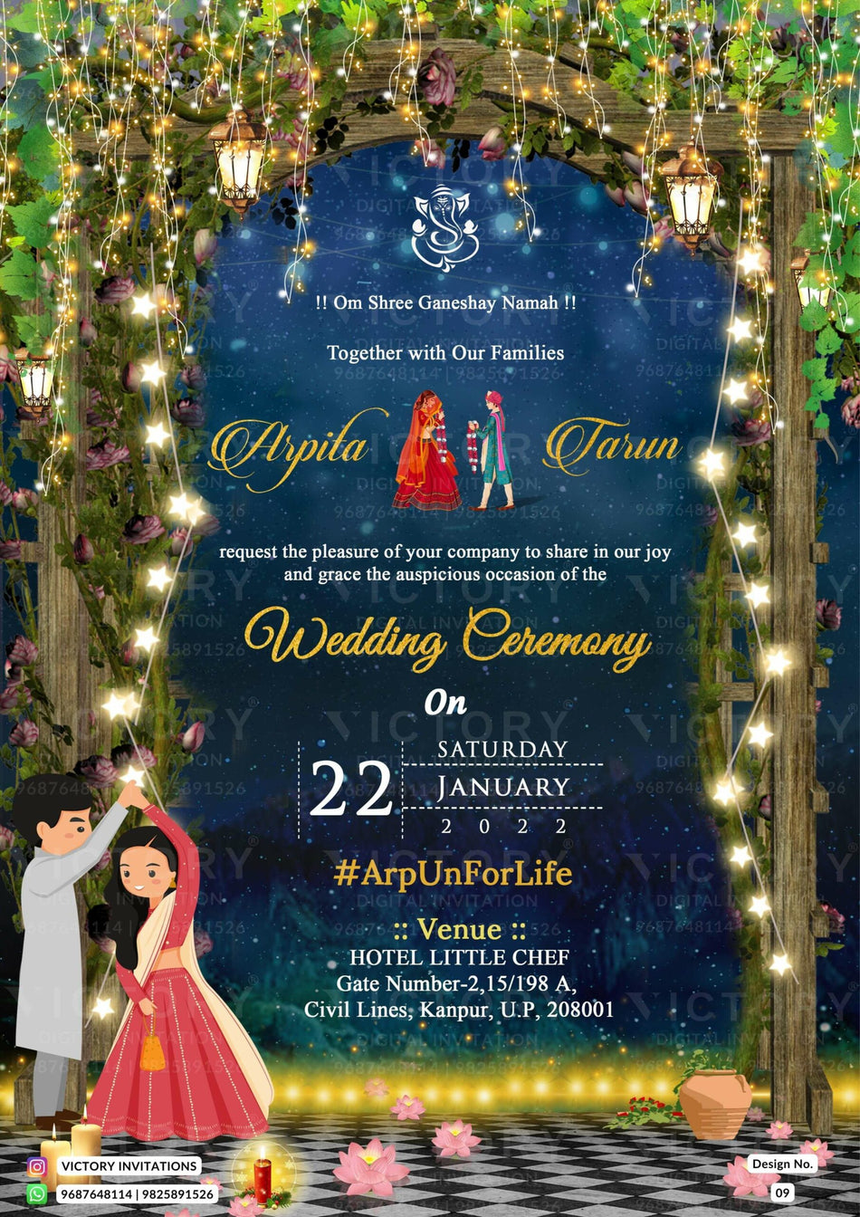 Wedding ceremony invitation card of hindu north indian bhojpuri family in english language with Shining theme design 9