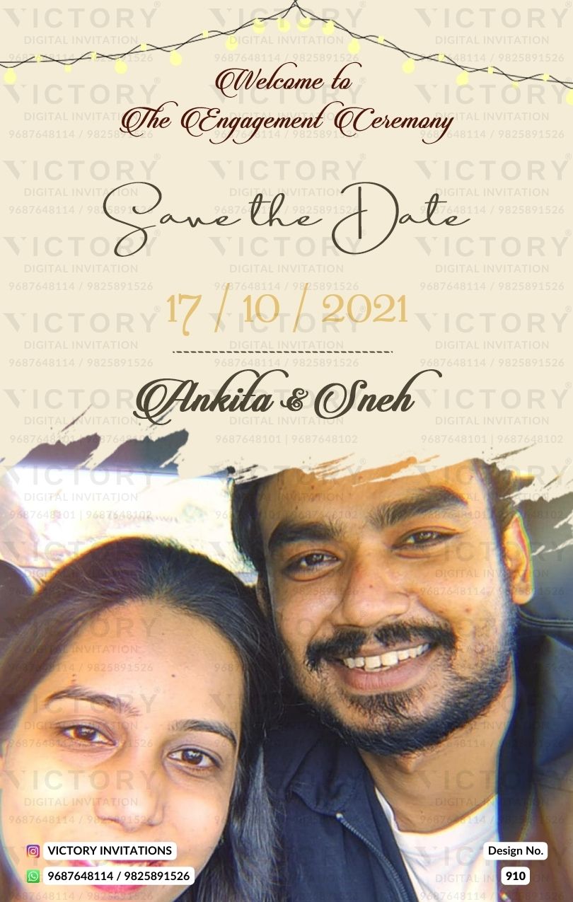 Save the Date card in english language with couple photo theme design 910