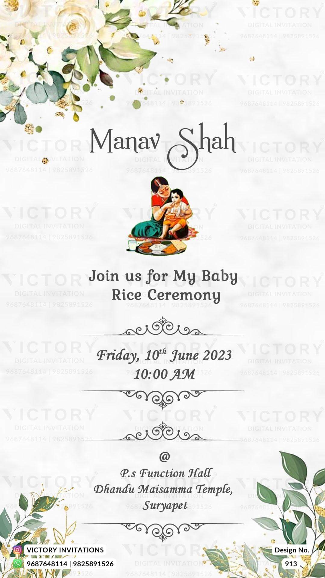 Annaprashan ceremony invitation card in english language with leaves glitter as minimalistic theme design 913