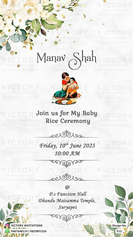 Annaprashan ceremony invitation card in english language with leaves glitter as minimalistic theme design 913