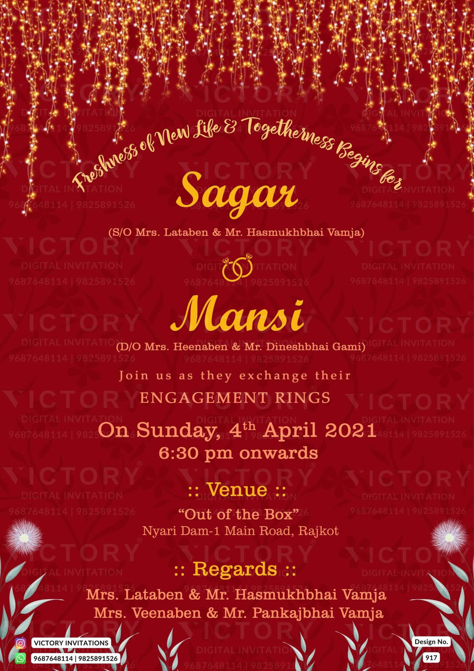 Engagement ceremony invitation card in english language with string light, leaves as minimalistic theme design 917
