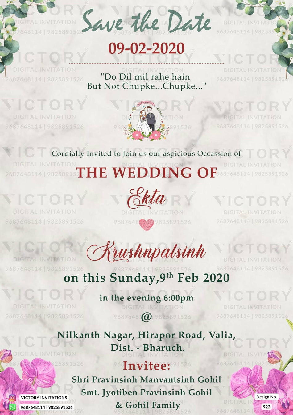 Wedding ceremony invitation card of hindu gujarati patel family in english language with Minimalistic theme design 922