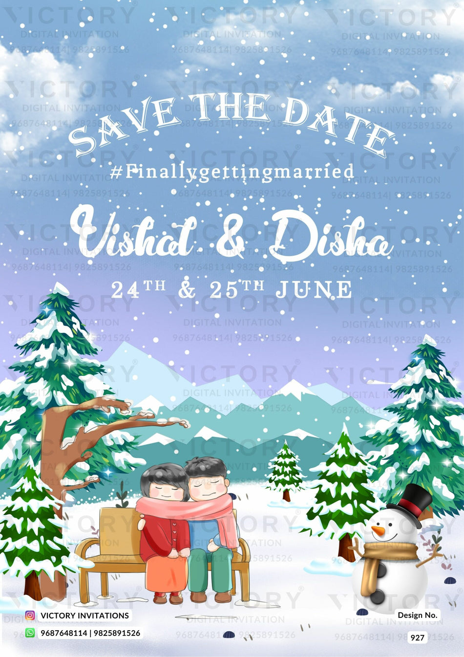 Save the Date card in english language with couple doodle as snow theme design 927