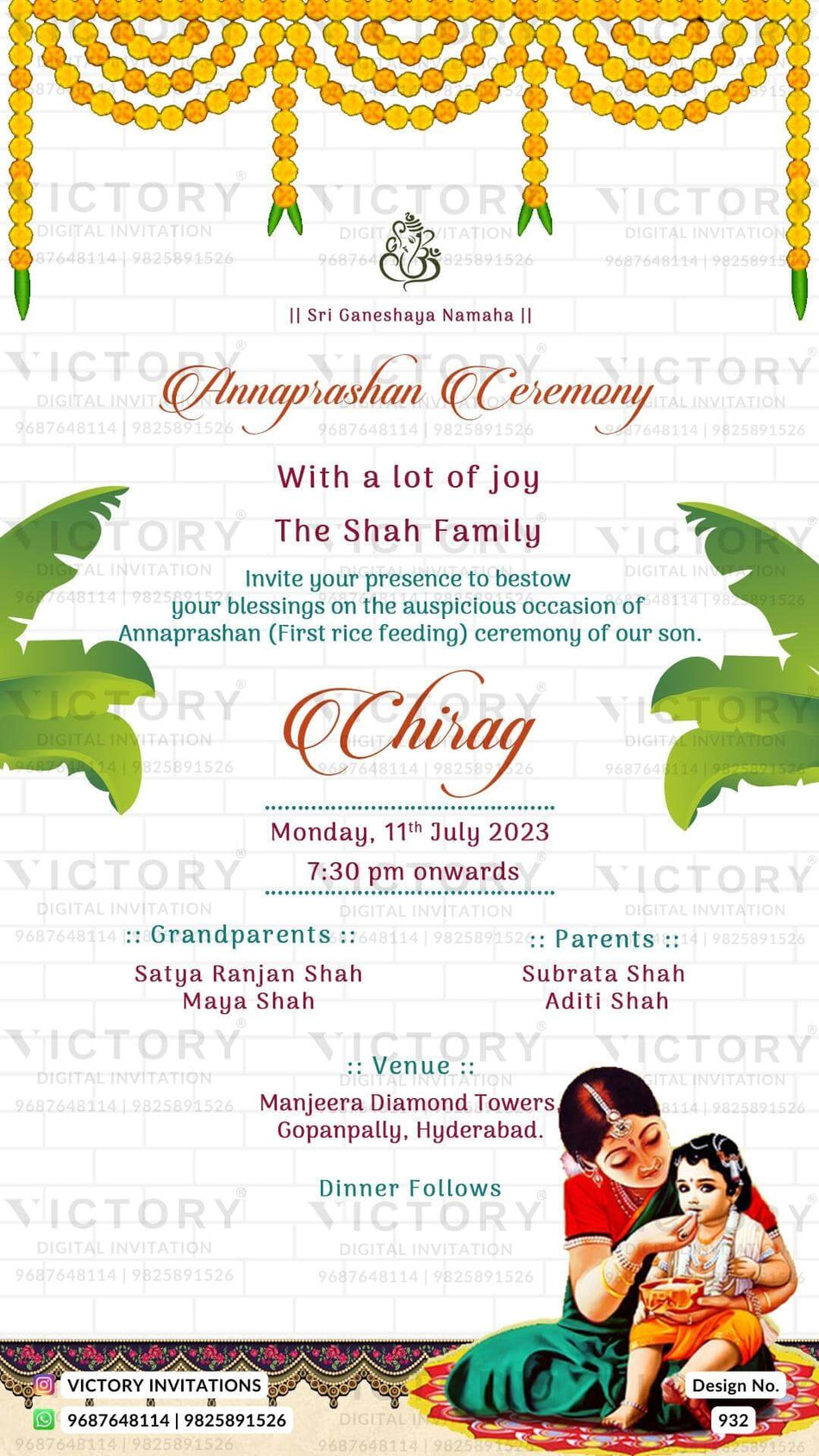 Annaprashan ceremony invitation card in english language with marigold garland, rice feeding doodle as traditional theme design 932