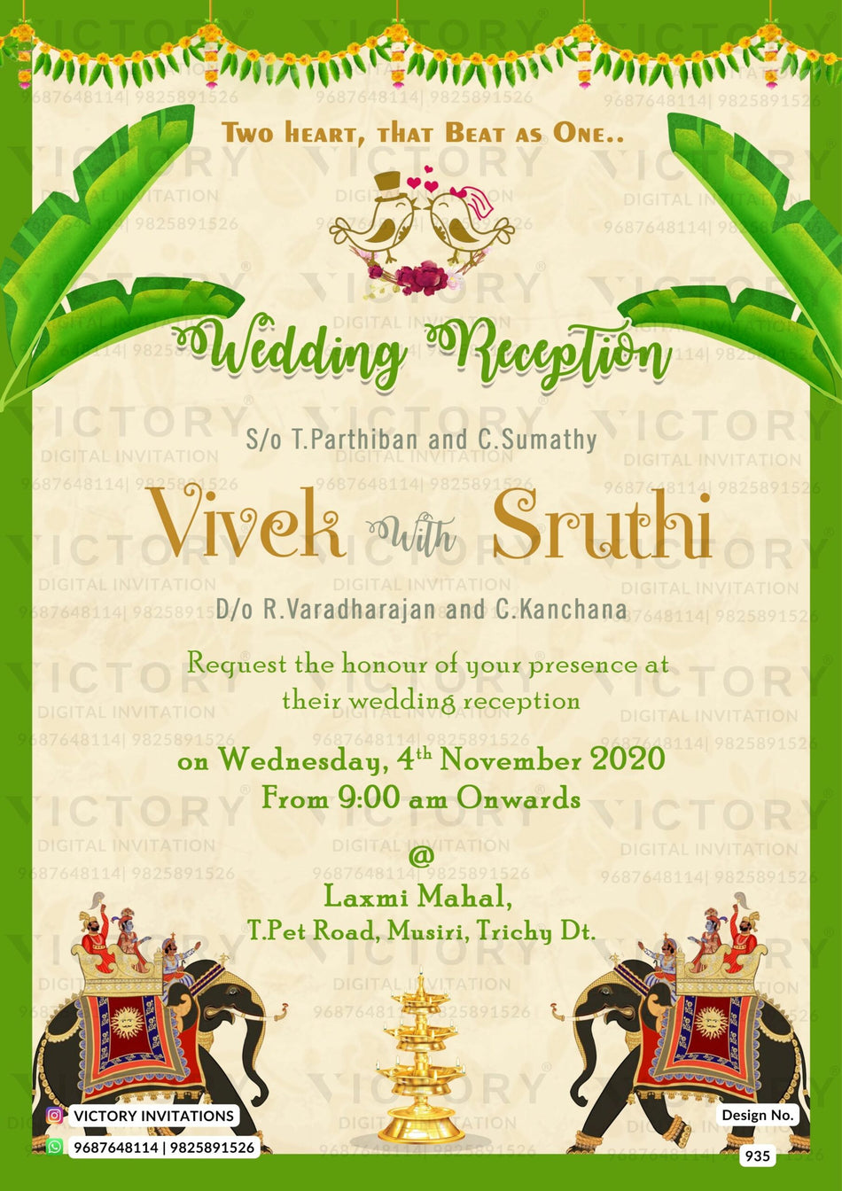 Wedding ceremony invitation card of hindu south indian tamil family in english language with minimalistic theme design 935