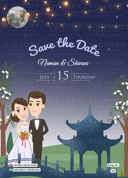 Save the Date card in english language with night theme design 942