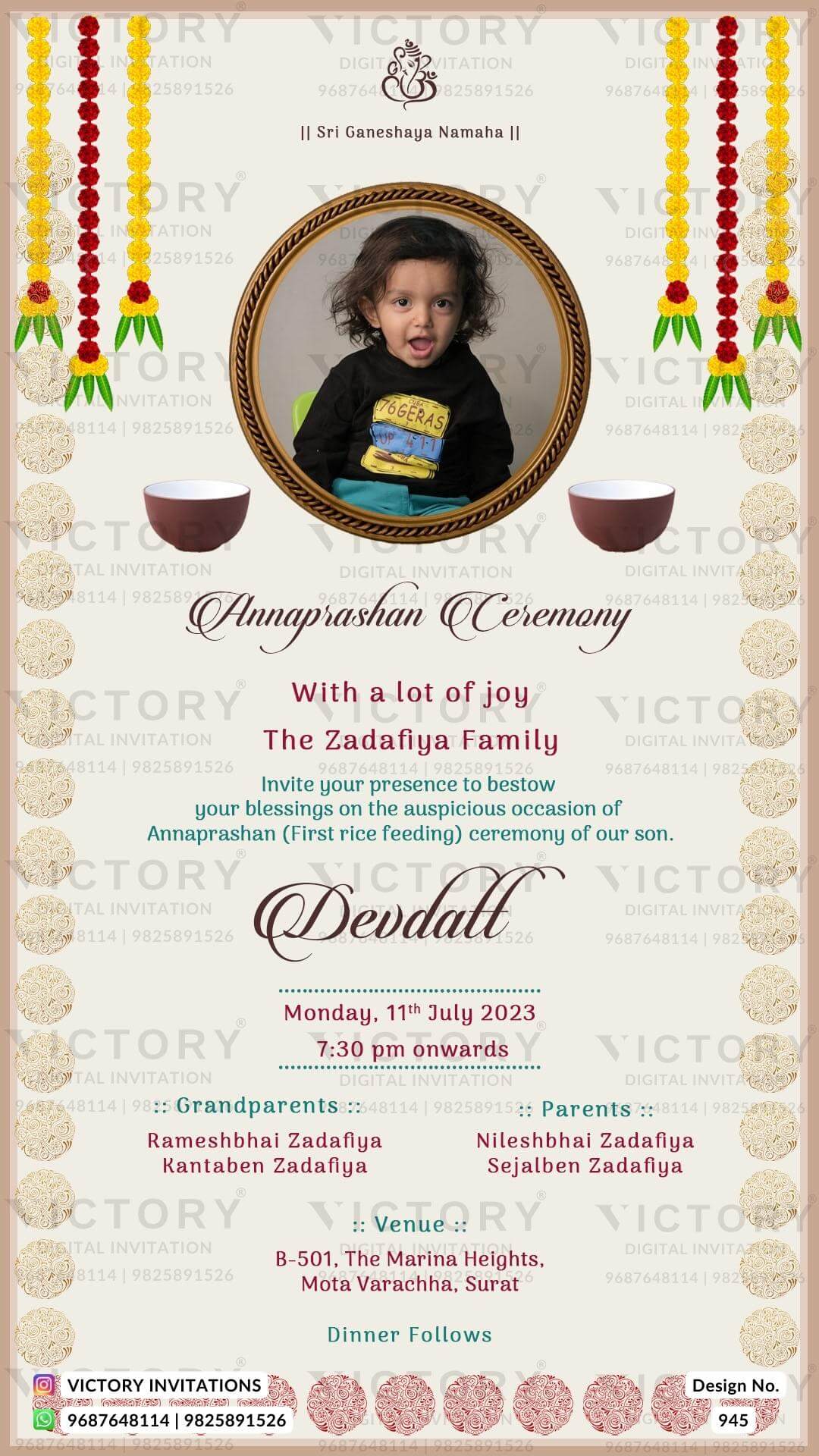 Annaprashan ceremony invitation card in english language with baby image, garland as minimalistic theme design 945