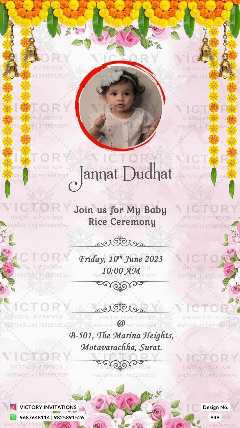 Annaprashan ceremony invitation card in english language with baby image, garland, flowers as floral theme design 949