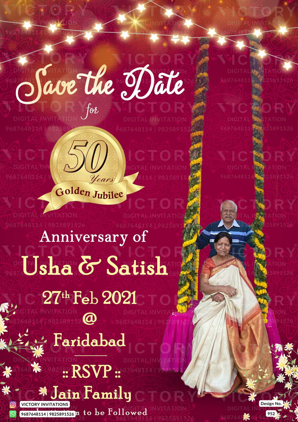 50th Wedding Anniversary invitation card in English language with couple photo, string lights as vintage theme design 952