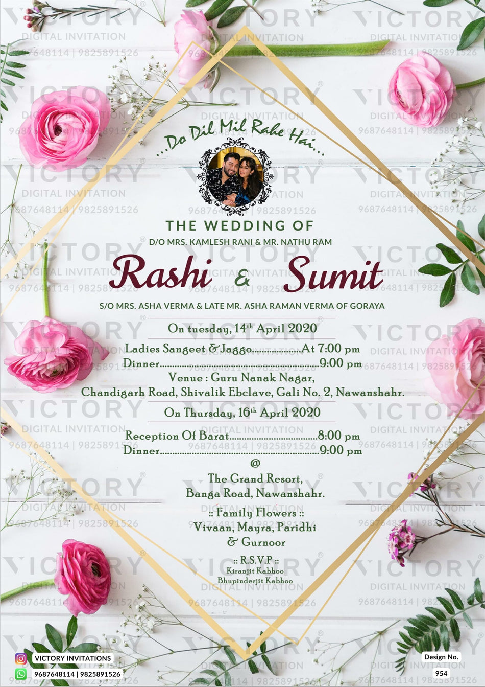 Wedding ceremony invitation card of hindu punjabi sikh family in English language with couple photo floral theme design 954