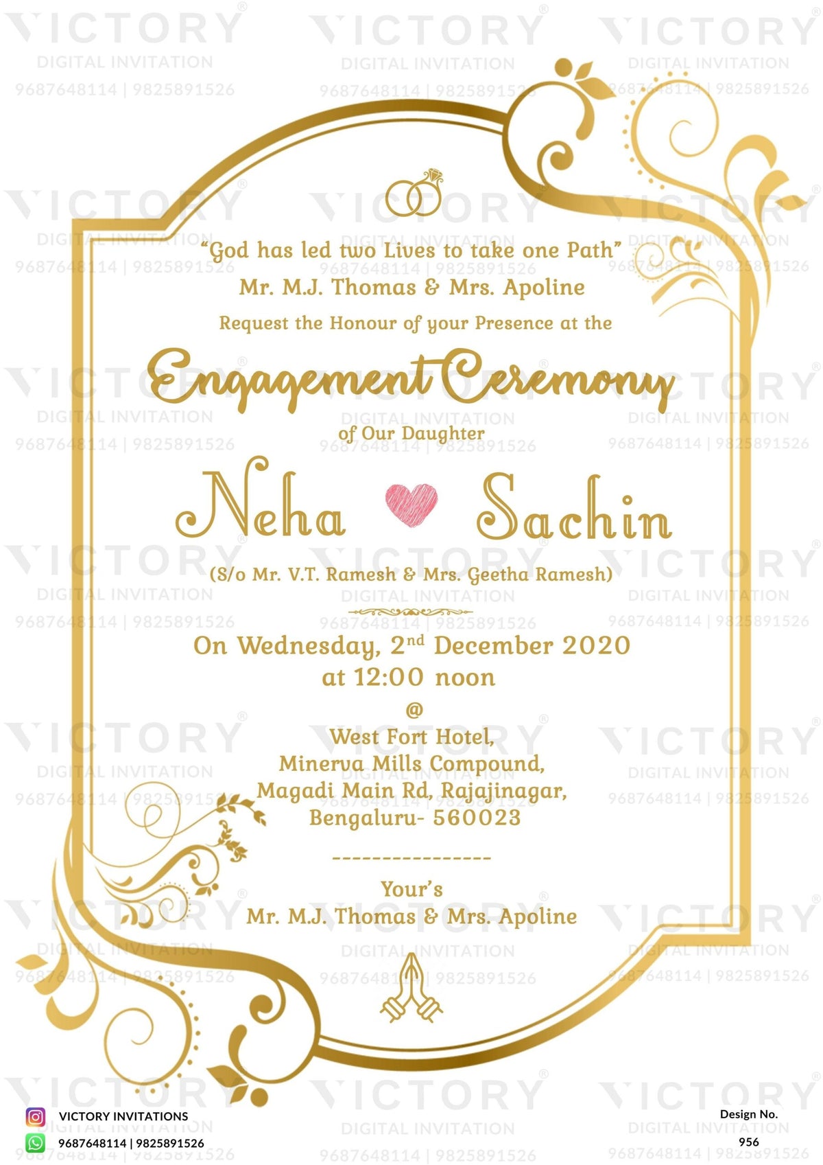 Engagement ceremony invitation card in english language with heart as golden frame theme design 956