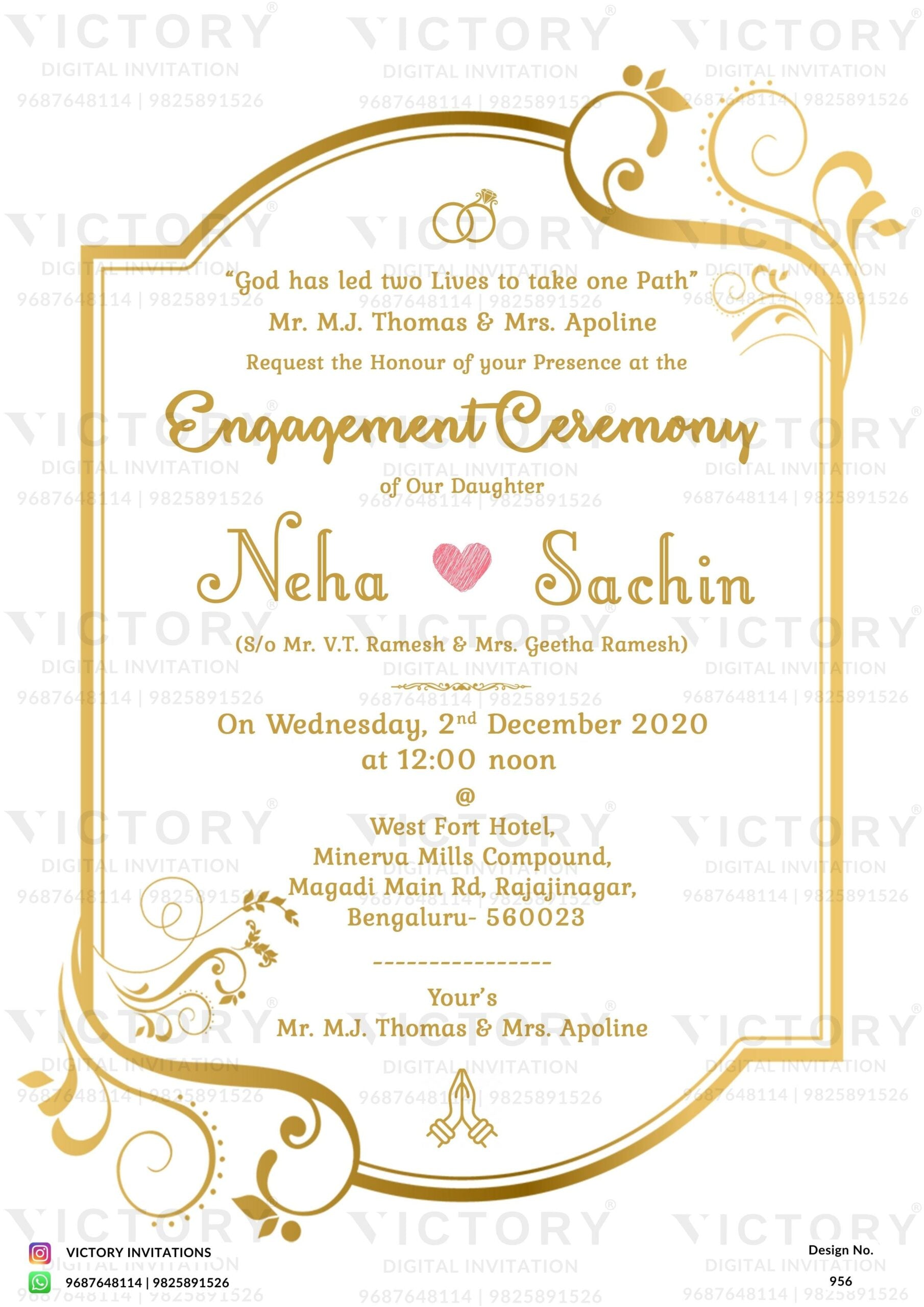Engagement ceremony invitation card in english language with heart as golden frame theme design 956