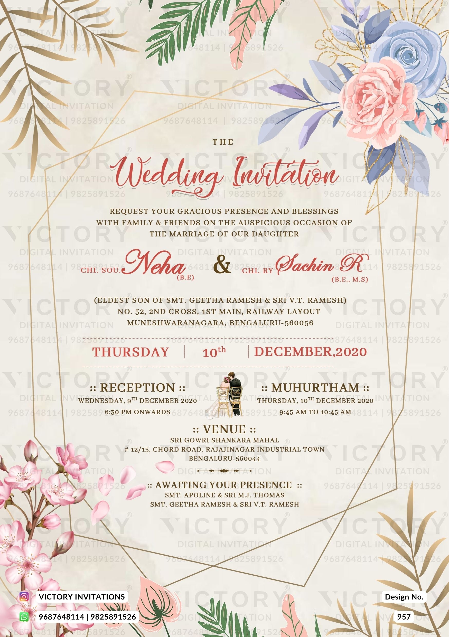 Wedding ceremony invitation card of hindu south indian kannada family in english language with minimalistic theme design 957