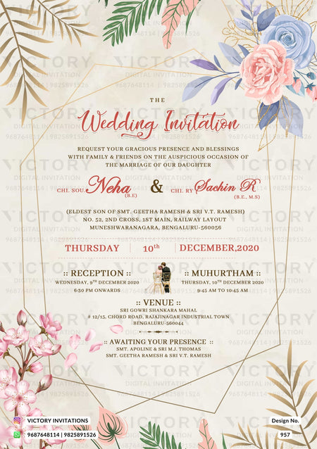 Wedding ceremony invitation card of hindu south indian kannada family in english language with minimalistic theme design 957