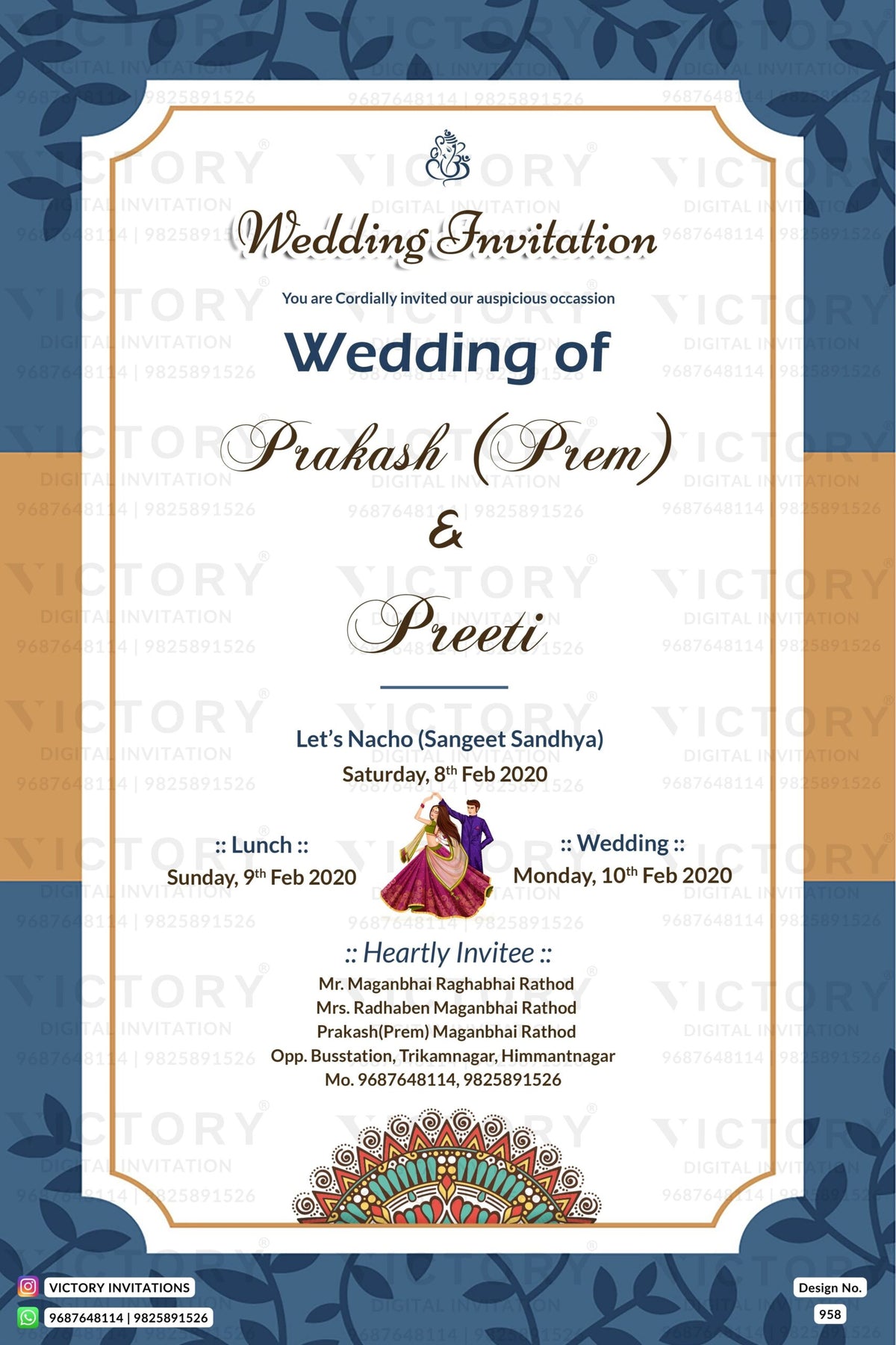 Wedding ceremony invitation card of hindu gujarati patel family in english language with minimalistic theme design 958