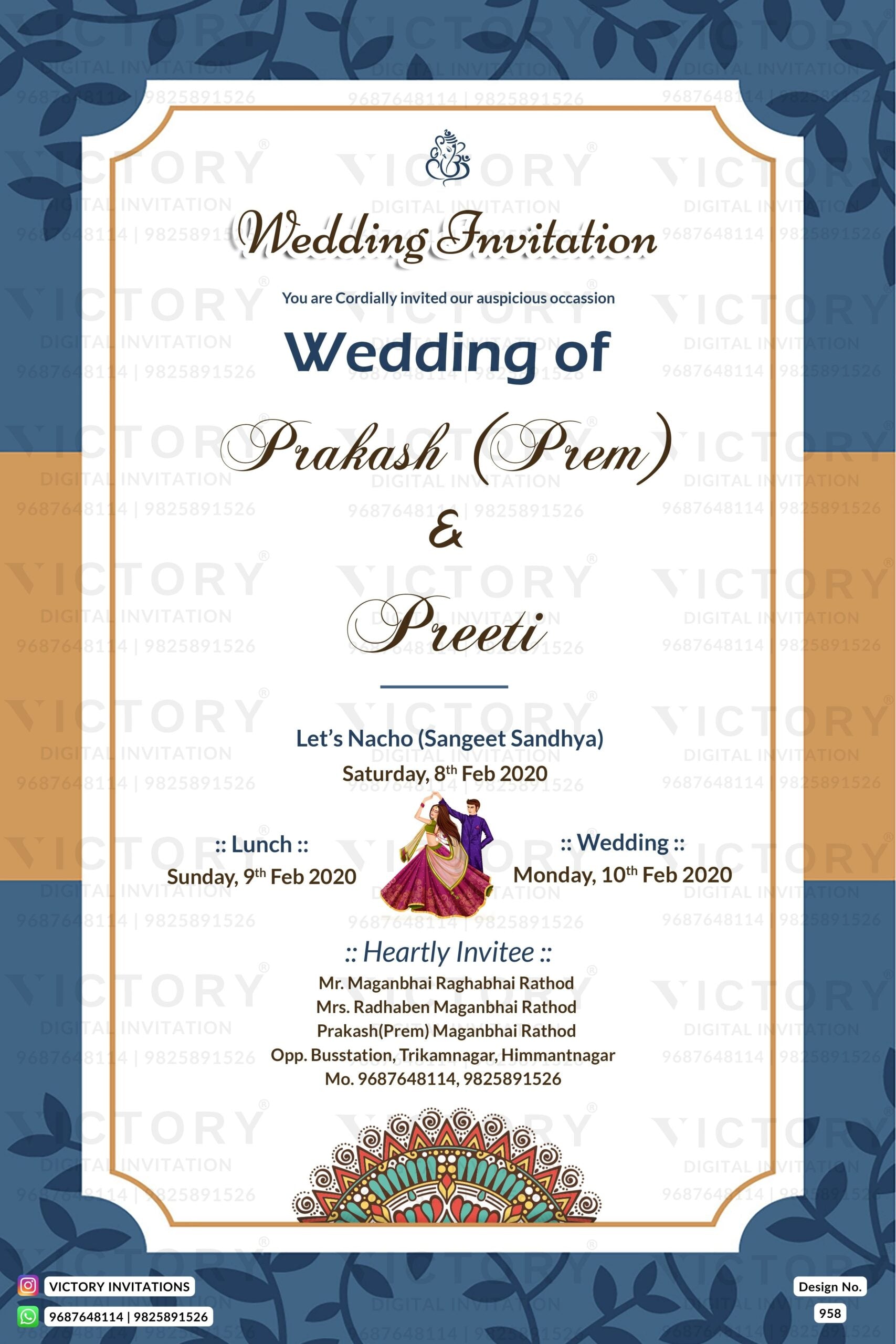 Wedding ceremony invitation card of hindu gujarati patel family in english language with minimalistic theme design 958