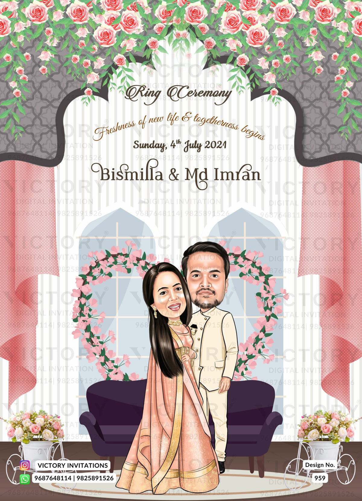 stylish couple caricature invitation card for Engagement ceremony in Englsih language with flowers as floral theme design 959