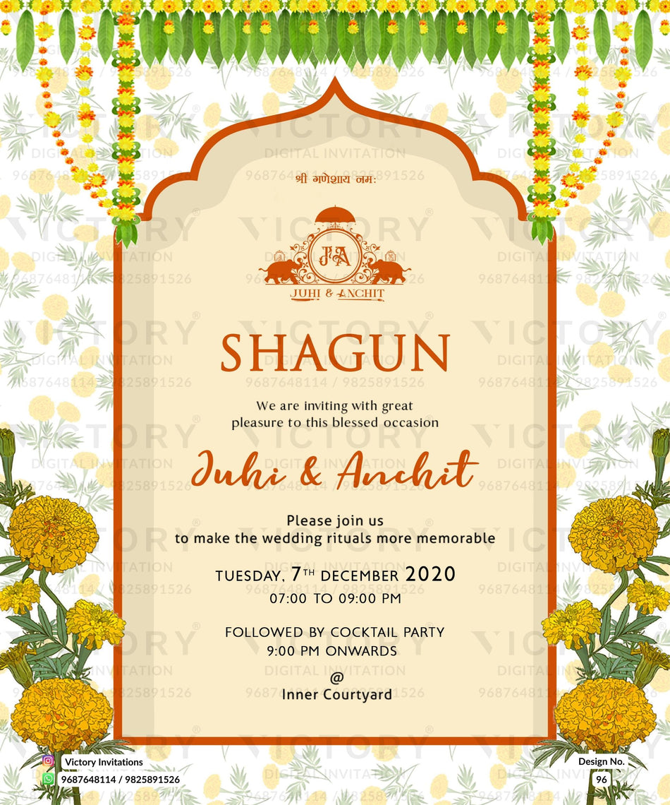 Haldi ceremony invitation card in english language with couple logo, arch frame as traditional theme design 96.3