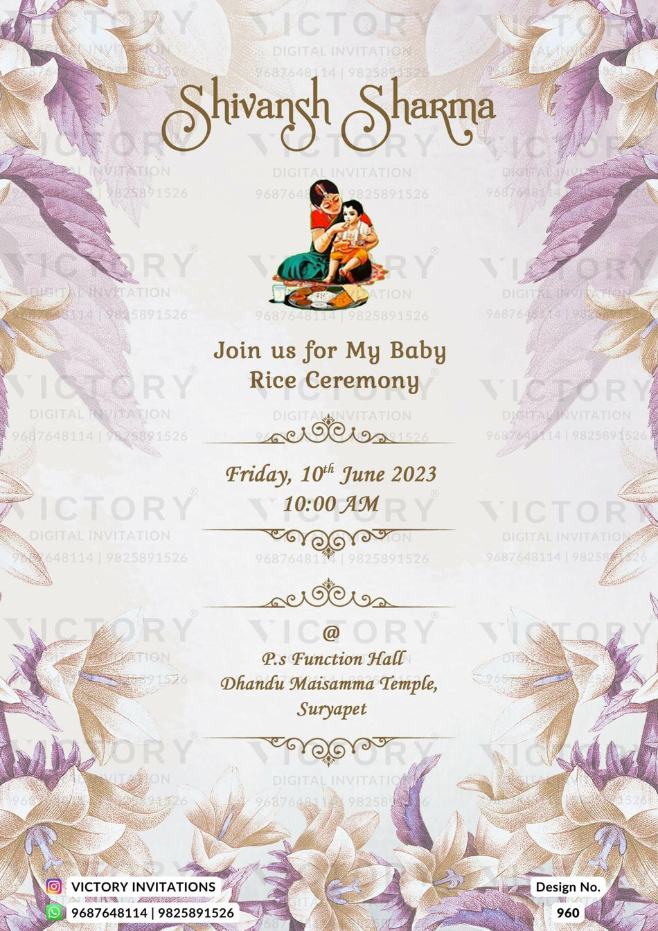 Annaprashan ceremony invitation card in english language with rice feeding doodle, leaves as floral theme design 960