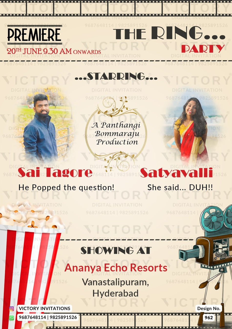 Engagement ceremony invitation card in english language with couple photo, popcorn cup as classic theme design 962