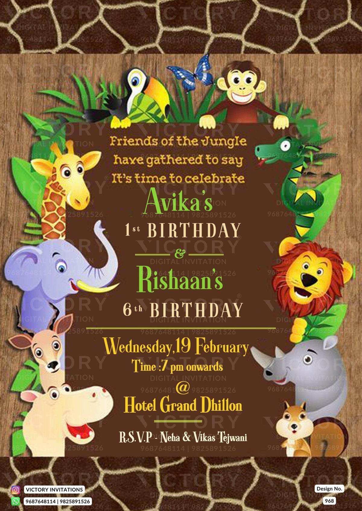 Birthday party invitation card in English language with animal as jungle theme design 968