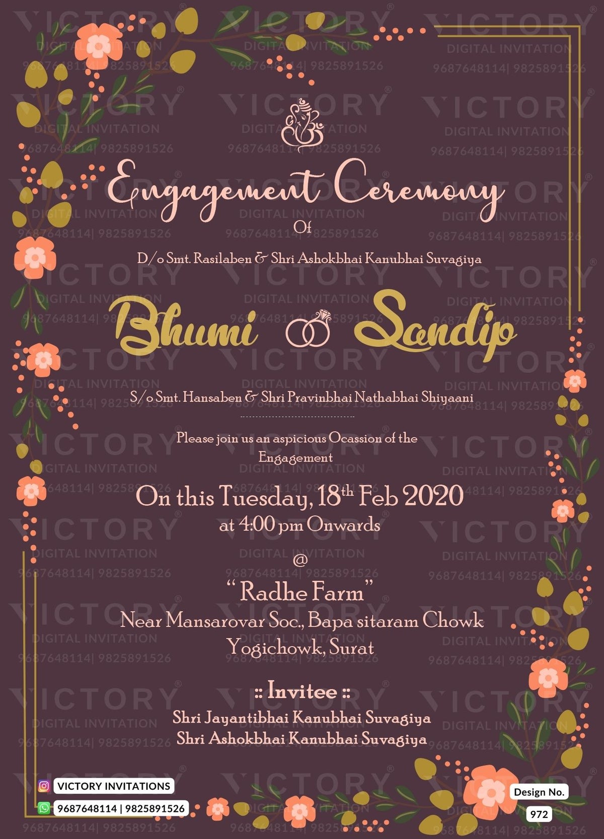 Engagement ceremony invitation card in english language with flowers, leaves, ring as golden frame theme design 972