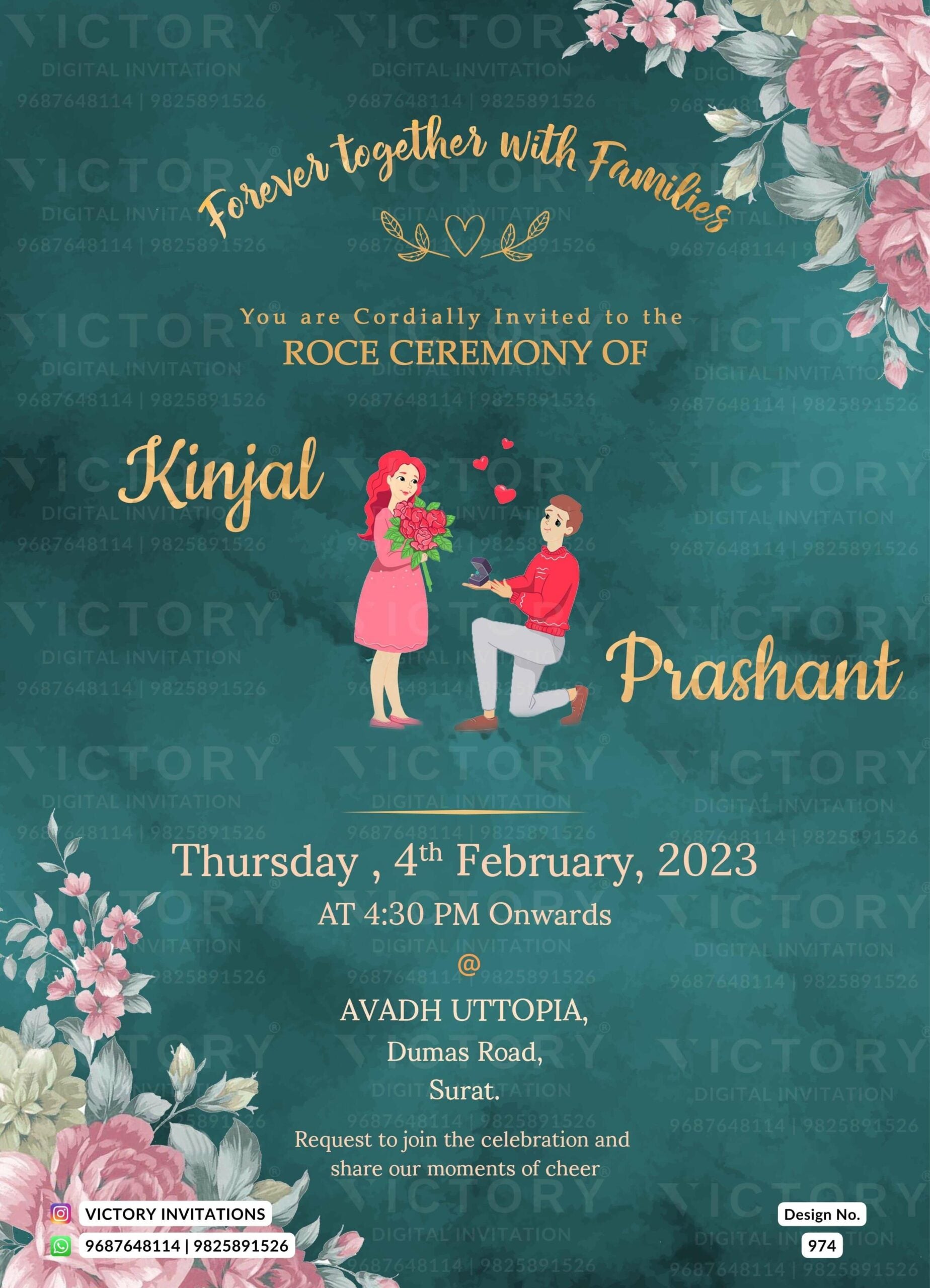 Roce ceremony invitation card in english language with flowers, romantic couple doodle as floral theme design 974