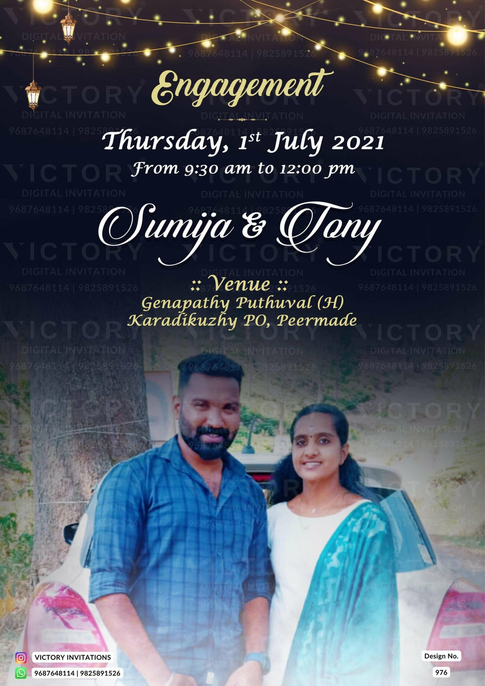 Engagement ceremony invitation card in english language with string light, lantern as couple photo theme design 976