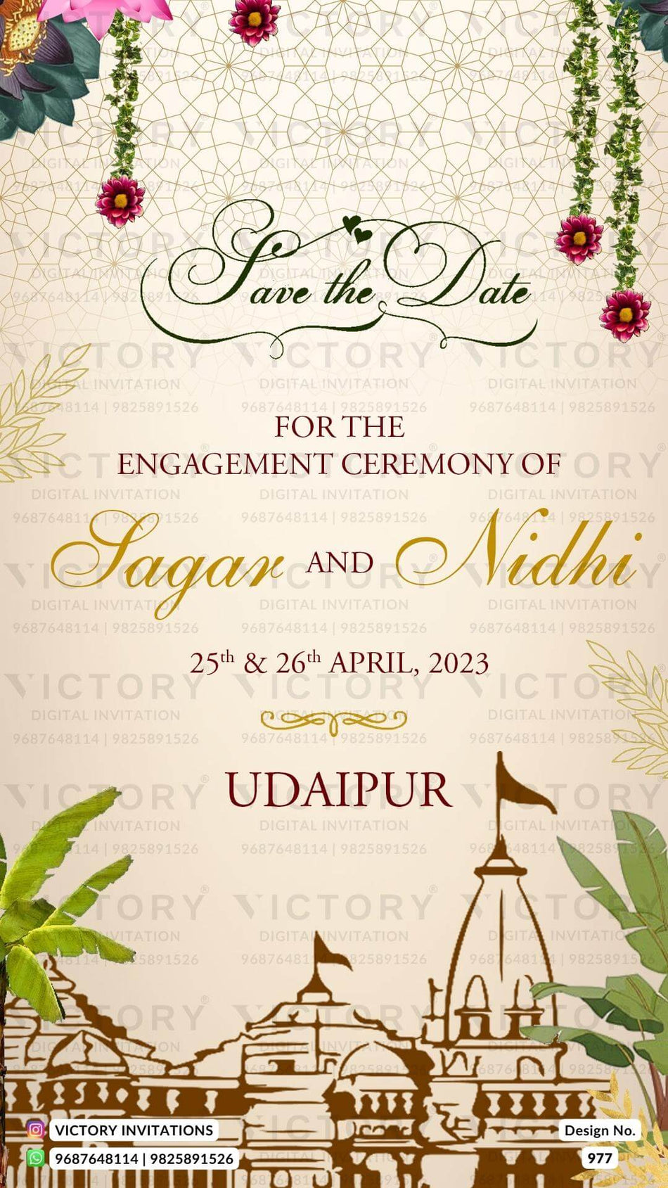 Engagement ceremony invitation video in english language with flowers, banana leaves as temple theme design 977
