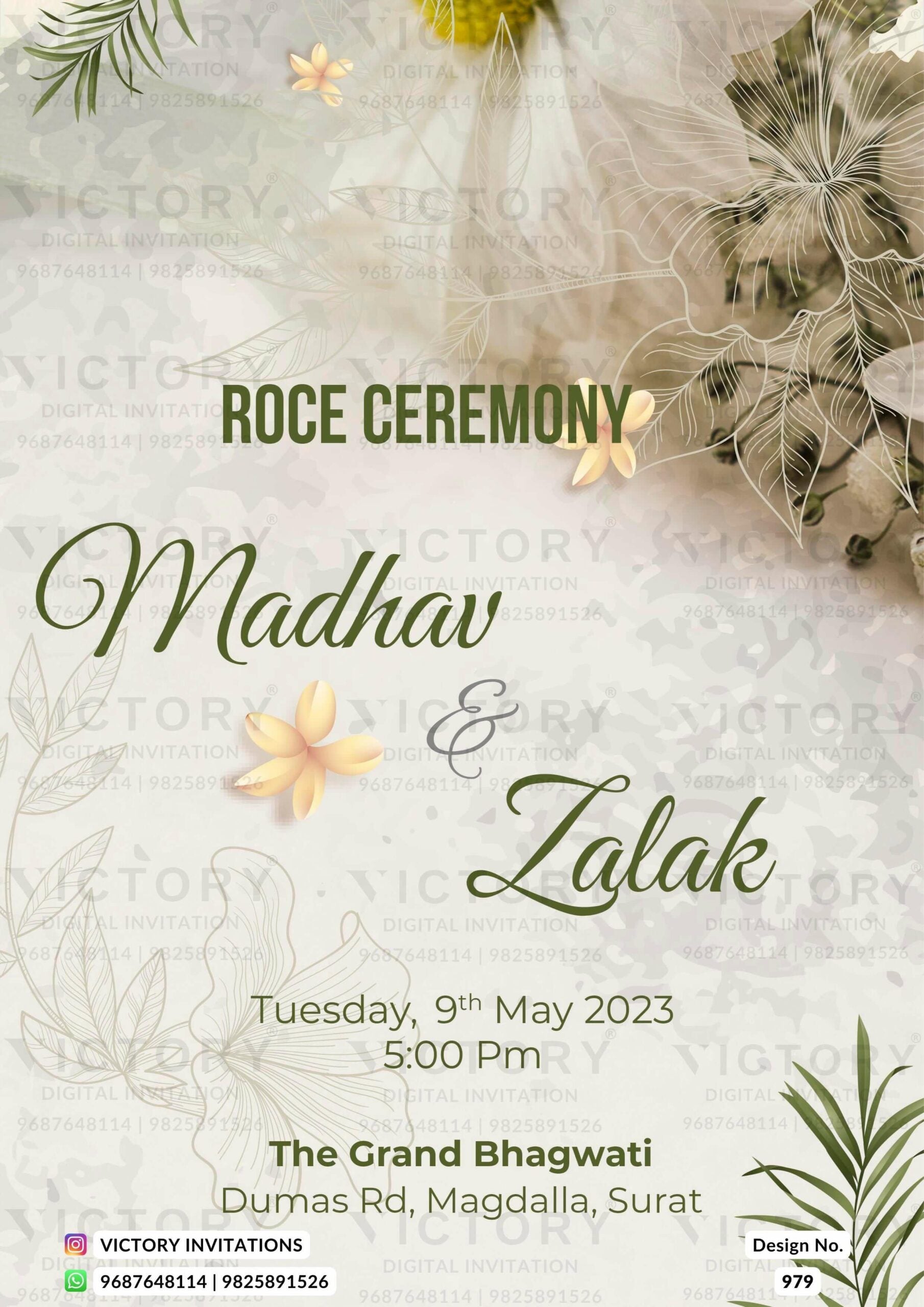 Roce ceremony invitation card in english language with flowers, leaves as artistic floral theme design 979