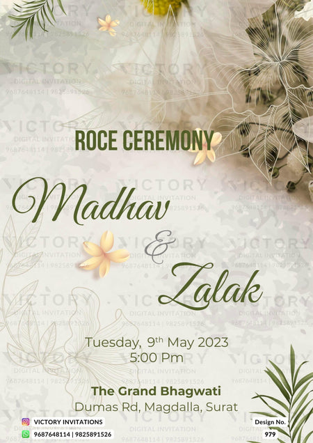 Roce ceremony invitation card in english language with flowers, leaves as artistic floral theme design 979