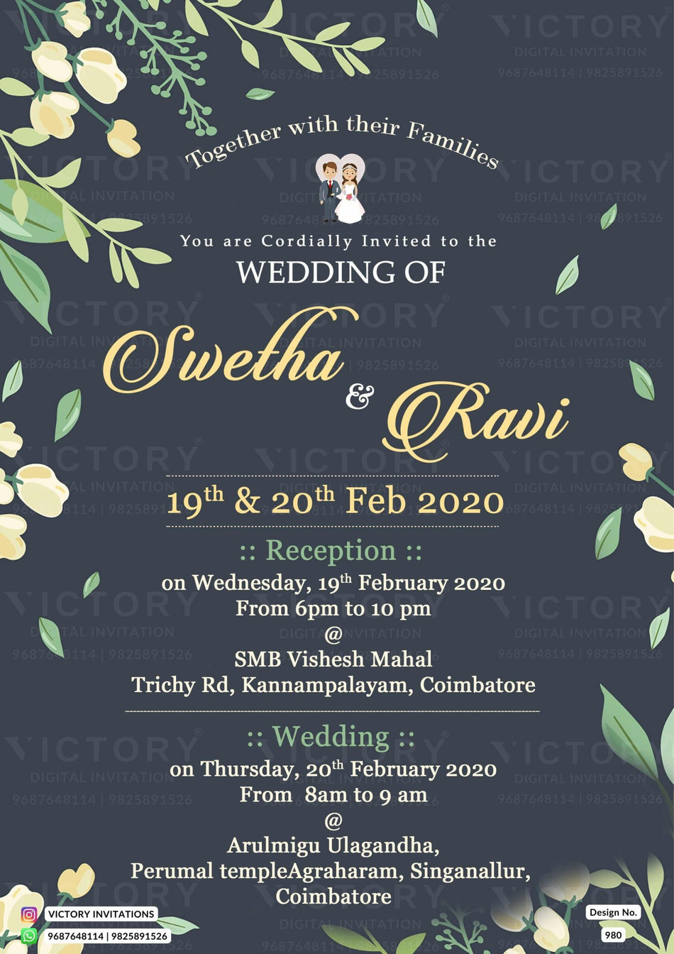 Wedding ceremony invitation card of hindu south indian tamil family in english language with Artistic leaves theme design 980