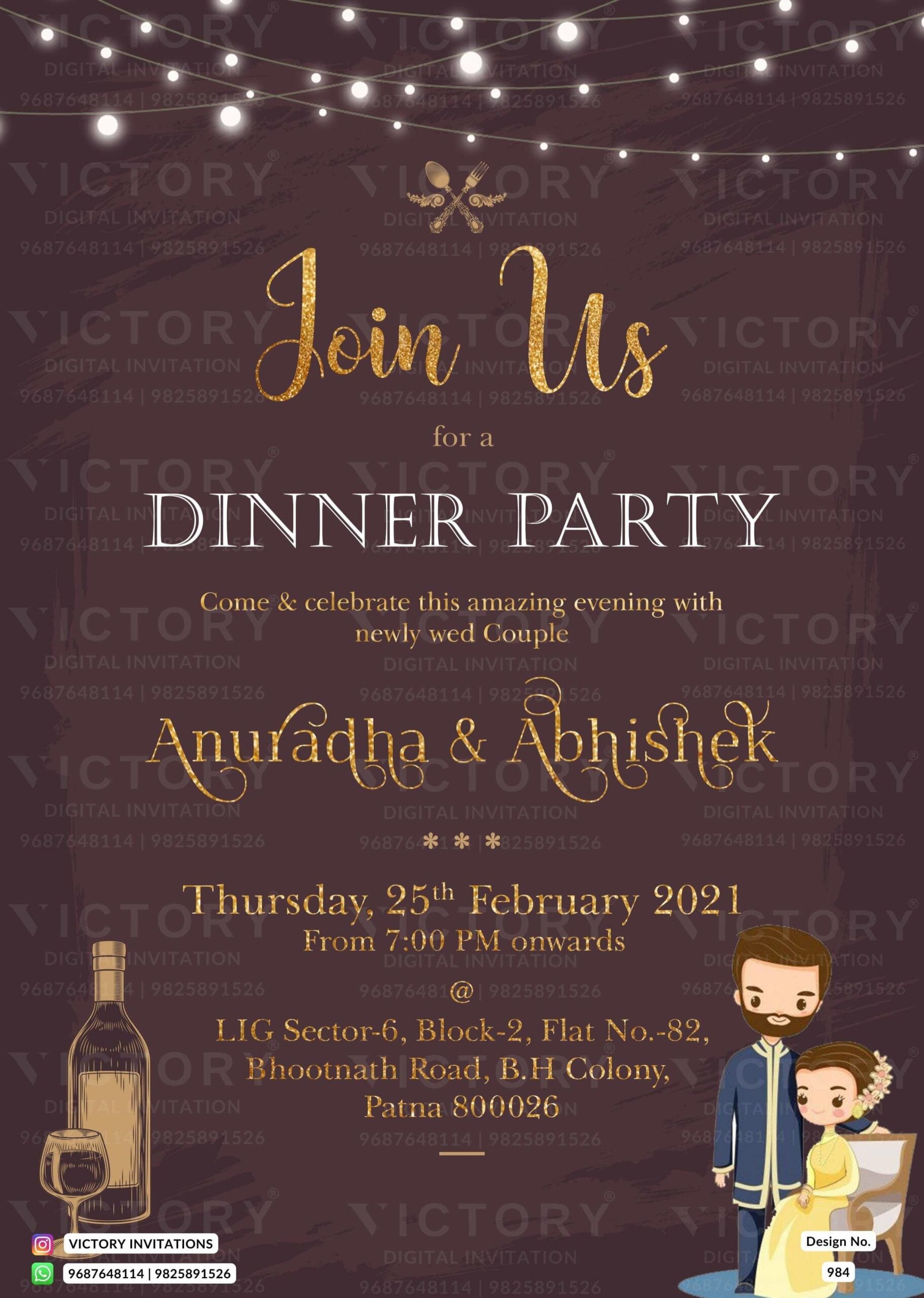 Dinner Party invitation card in english language with couple doodle, string lights as minimalistic theme design 984