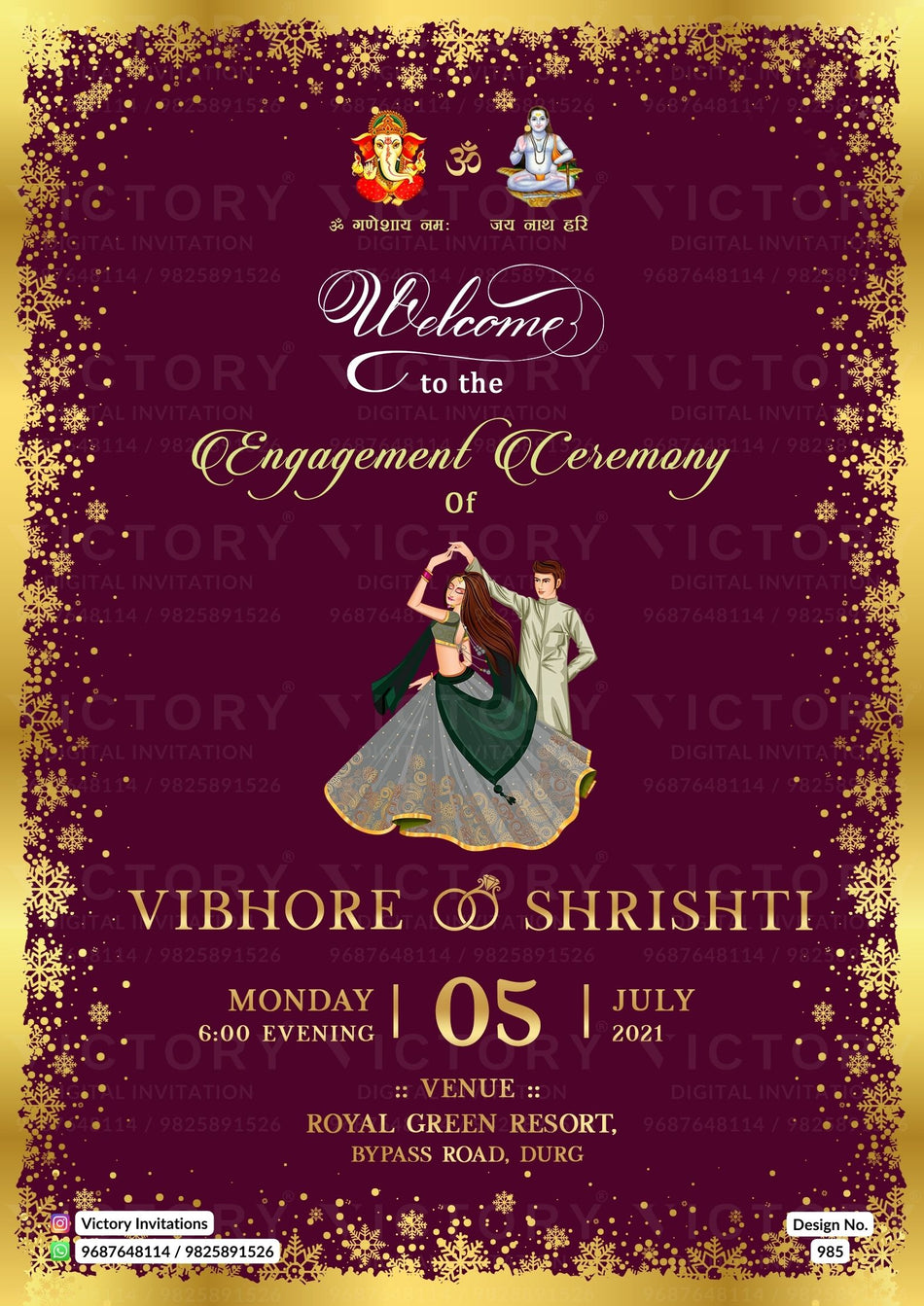 Engagement ceremony invitation card in english language with couple doodle as shining theme design 985