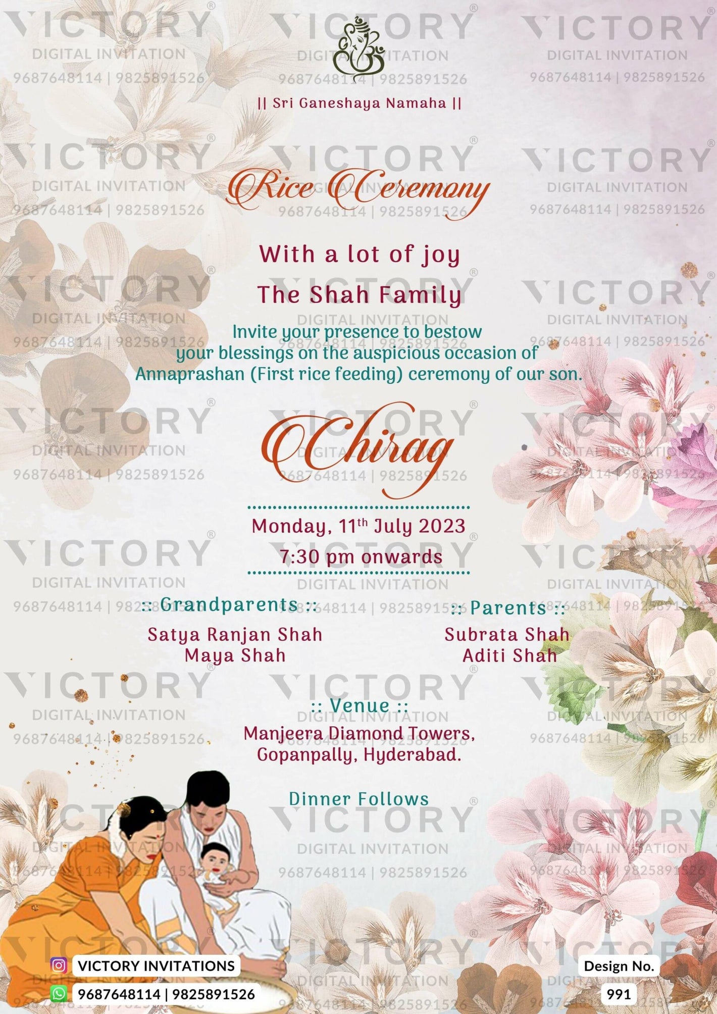 Annaprashan ceremony invitation card in english language with rice feeding doodle, flowers as floral theme design 991