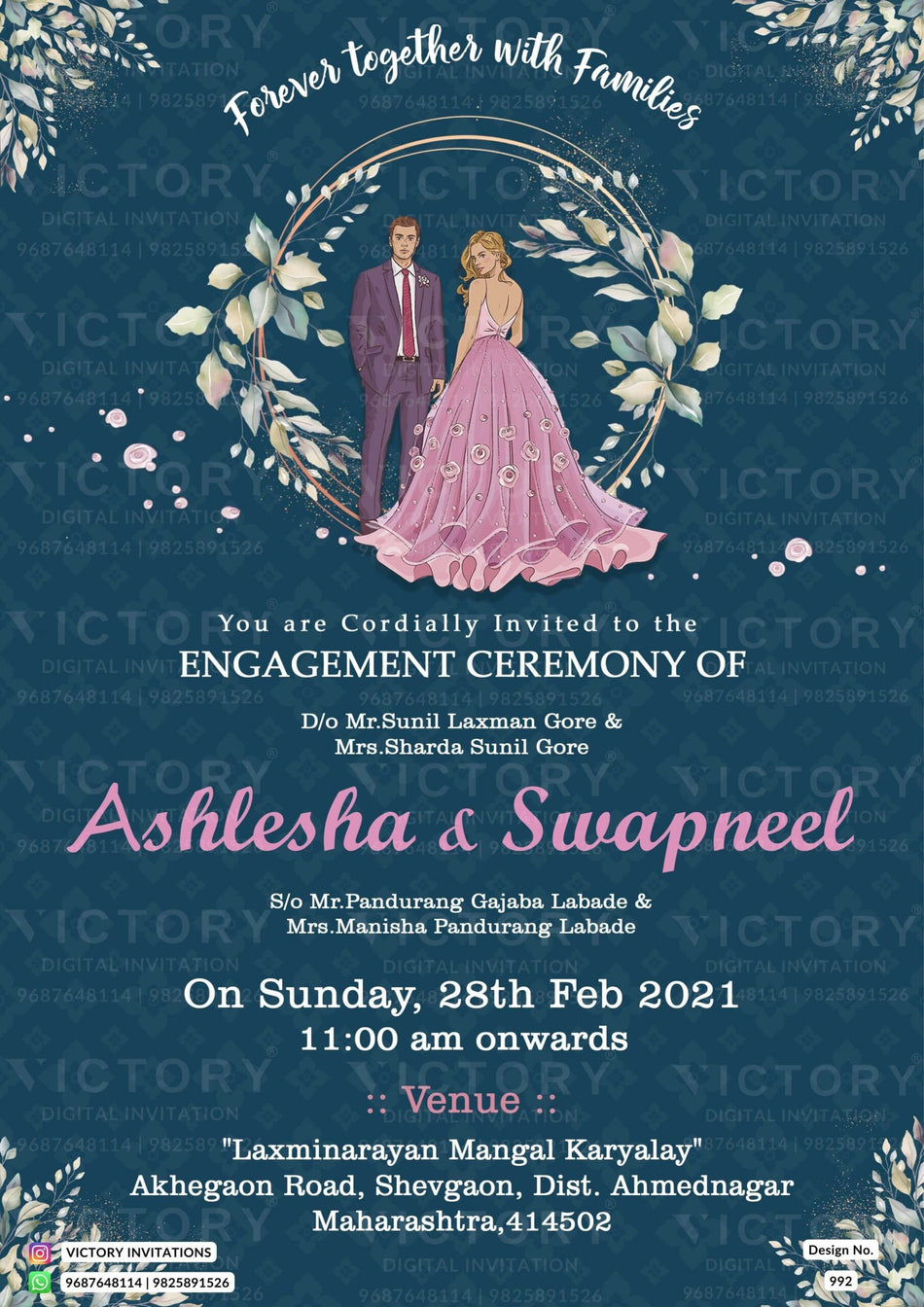 Engagement ceremony invitation card in english language with round frame as artistic leaves theme design 992