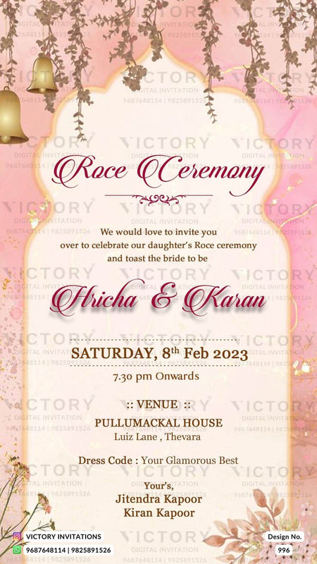 Roce ceremony invitation card in english language with bells, leaves as arch frame theme design 996