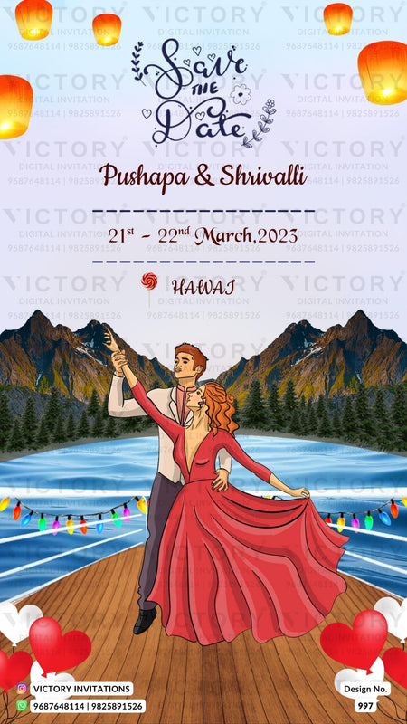 Save the Date card in english language with mountain theme design 997