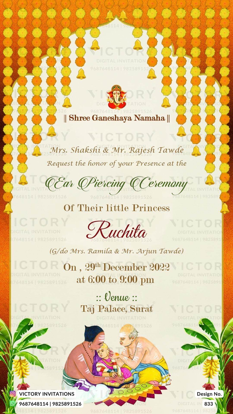 Ear Piercing ceremony invitation card in english language with ganesha logo, ear piercing doodle as arch theme design 833